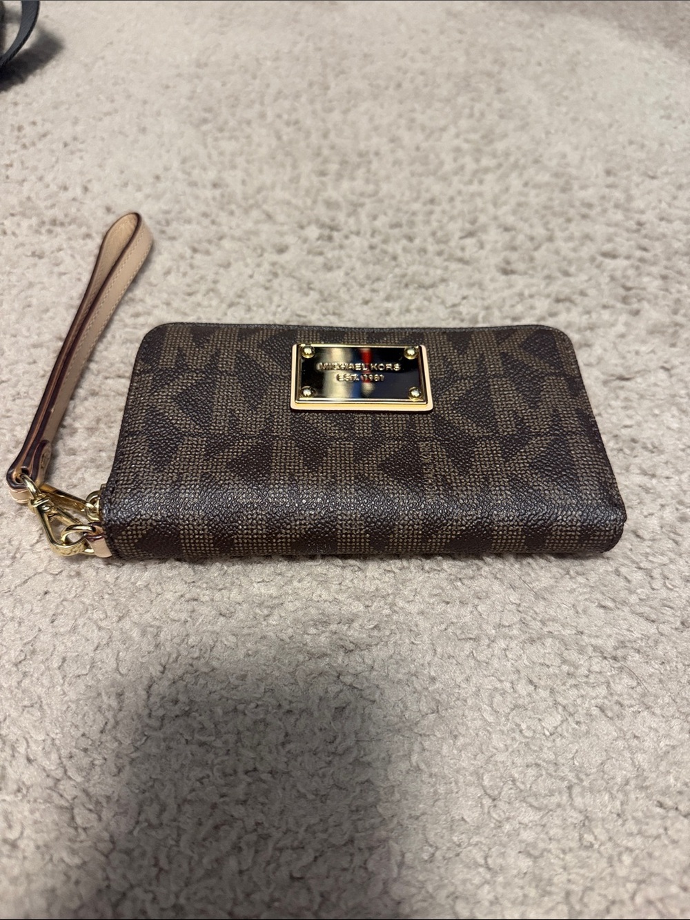 Michael Kors Brown Monogram Phone Case Wristlet with Gold Plaque